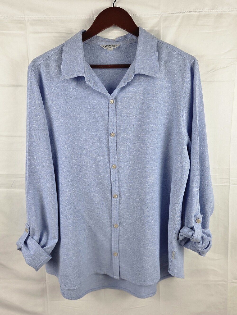 Orvis Fishing Button Up Shirt Womens Large Blue Roll Tab Sleeve Linen Viscose